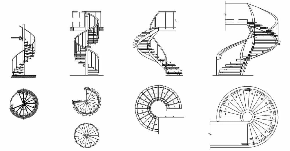 Spiral Staircase CAD Blocks – Free DWG 2D Plan and Elevation