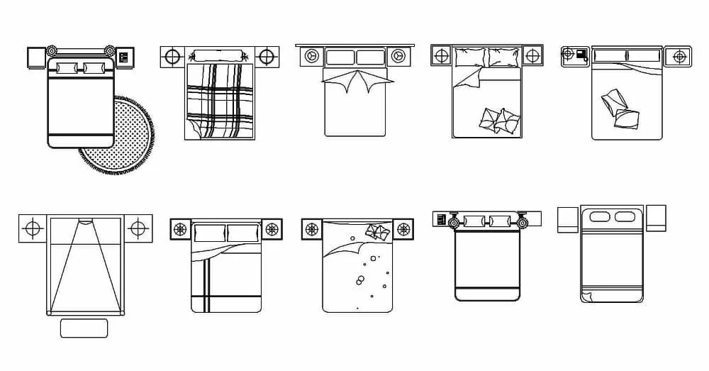 Double Bed CAD Blocks – Free DWG 2D Plan and Elevation