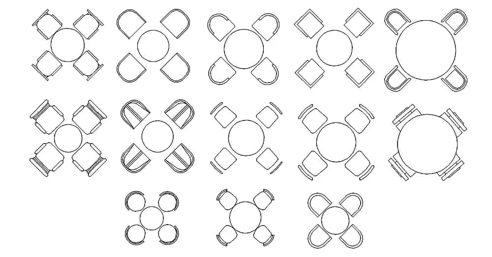 4 Seater Round Dining Room CAD Blocks – Free DWG 2D Plan and Elevation