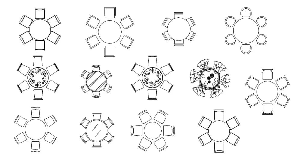 6 Seat Round Dining Room CAD Blocks – Free DWG 2D Plan and Elevation