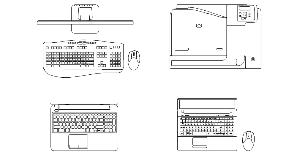 Laptops Computer Printer CAD Blocks – Free DWG 2D Plan and Elevation