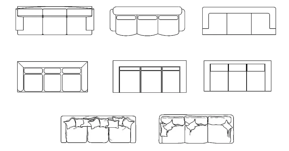 3 Seater Sofa CAD Blocks – Free DWG 2D Plan and Elevation