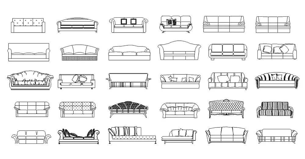 3 Seater Sofa CAD Blocks – Free DWG 2D Plan and Elevation