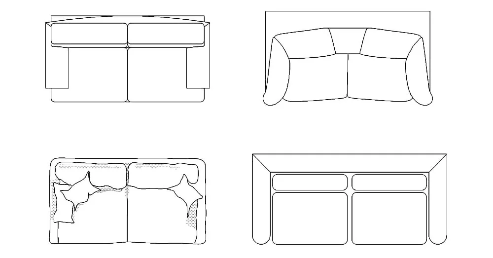 Loveseat Sofa CAD Blocks – Free DWG 2D Plan and Elevation