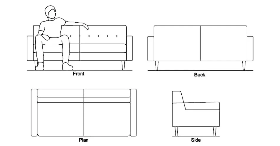 Sofa Love Seat CAD Block – Free DWG 2D Plan and Elevation
