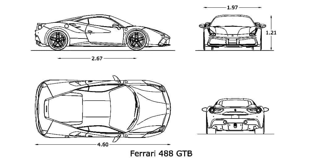 Ferrari 488 Gtb Car CAD Blocks – Free DWG 2D Plan and Elevation