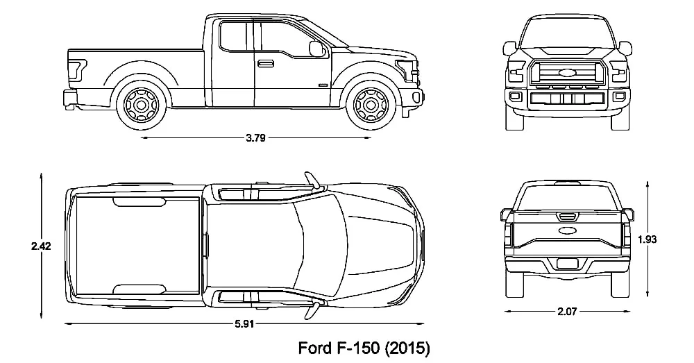 Ford F 150 Pickup CAD Blocks – Free DWG 2D Plan and Elevation