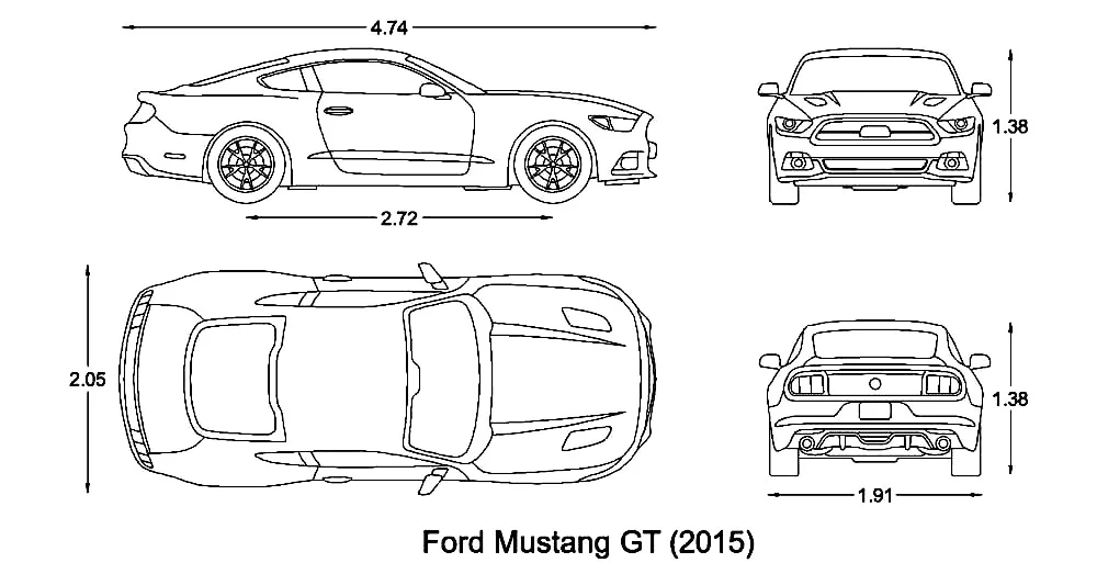 Ford Mustang GT CAD Blocks – Free DWG 2D Plan and Elevation