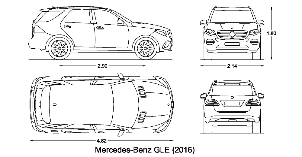 Mercedes Benz GLE SUV CAD Blocks – Free DWG 2D Plan and Elevation