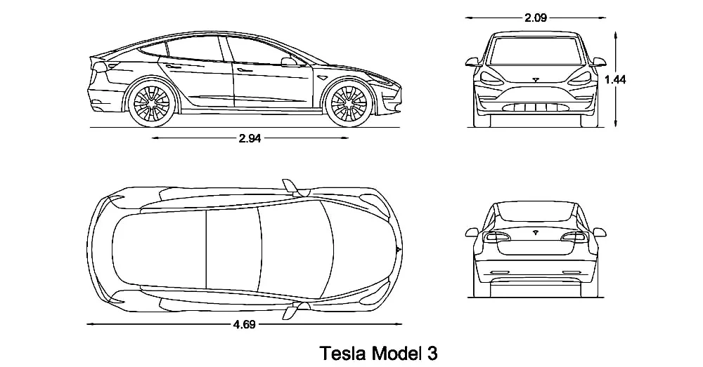 Tesla Model 3 Car CAD Blocks – Free DWG 2D Plan and Elevation